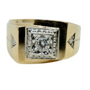 SOLID 14K YELLOW GOLD THREE DIAMOND MENS RING VINTAGE 7.175 GRAMS Size 10.5